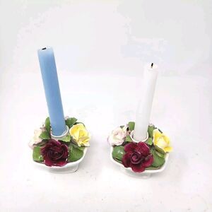 Aynsley Candle Holders Taper Fine Bone China Rose‎ Multicolor Floral England VTG